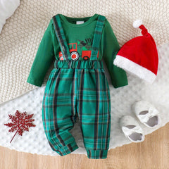 3PCS Cute My 1st Christmas Letter Tractor Plaid Print Baby Overalls Set
