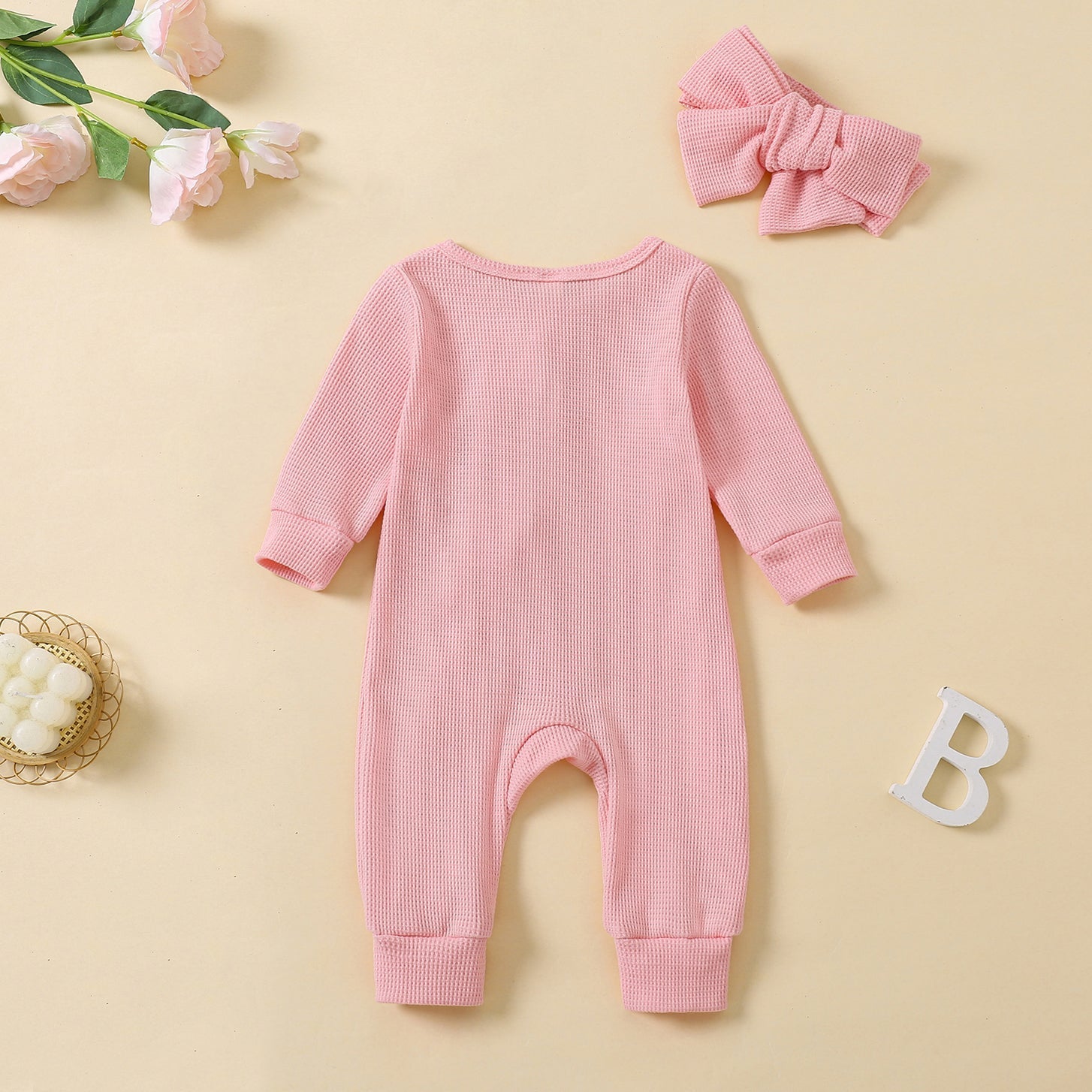 2PCS Solid Color Long Sleeve Ruffle Zipper Baby Jumpsuit Secondary image