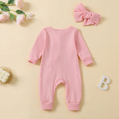 2PCS Solid Color Long Sleeve Ruffle Zipper Baby Jumpsuit