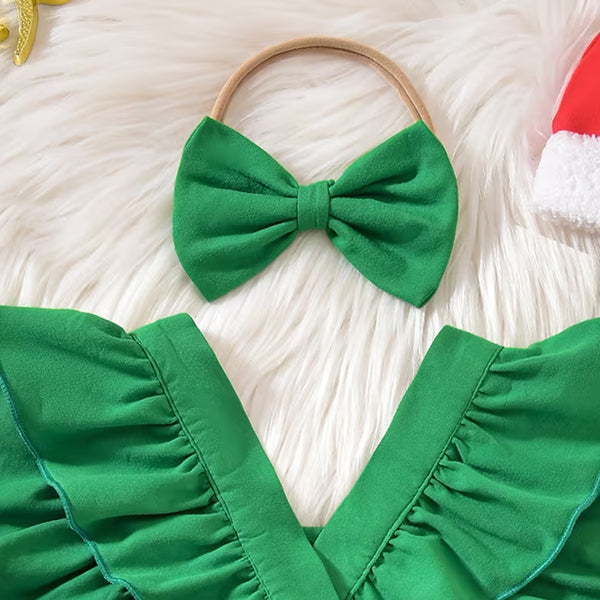 2PCS Green Red Elf Style with Striped Bloomer Flutter Sleeve Baby Romper