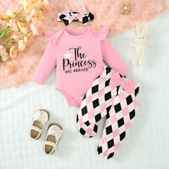 3PCS Pretty The Princess Letter Plaid Printed Long Sleeve Baby Set
