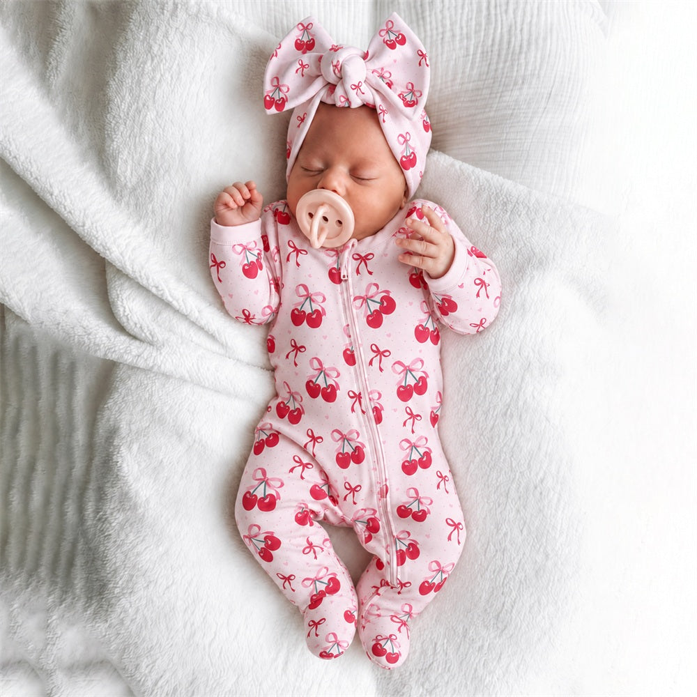 2PCS Graceful Bow Cherry Printed Zipper Long Sleeve Baby Jumpsuit Image principale du produit