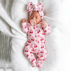 2PCS Graceful Bow Cherry Printed Zipper Long Sleeve Baby Jumpsuit