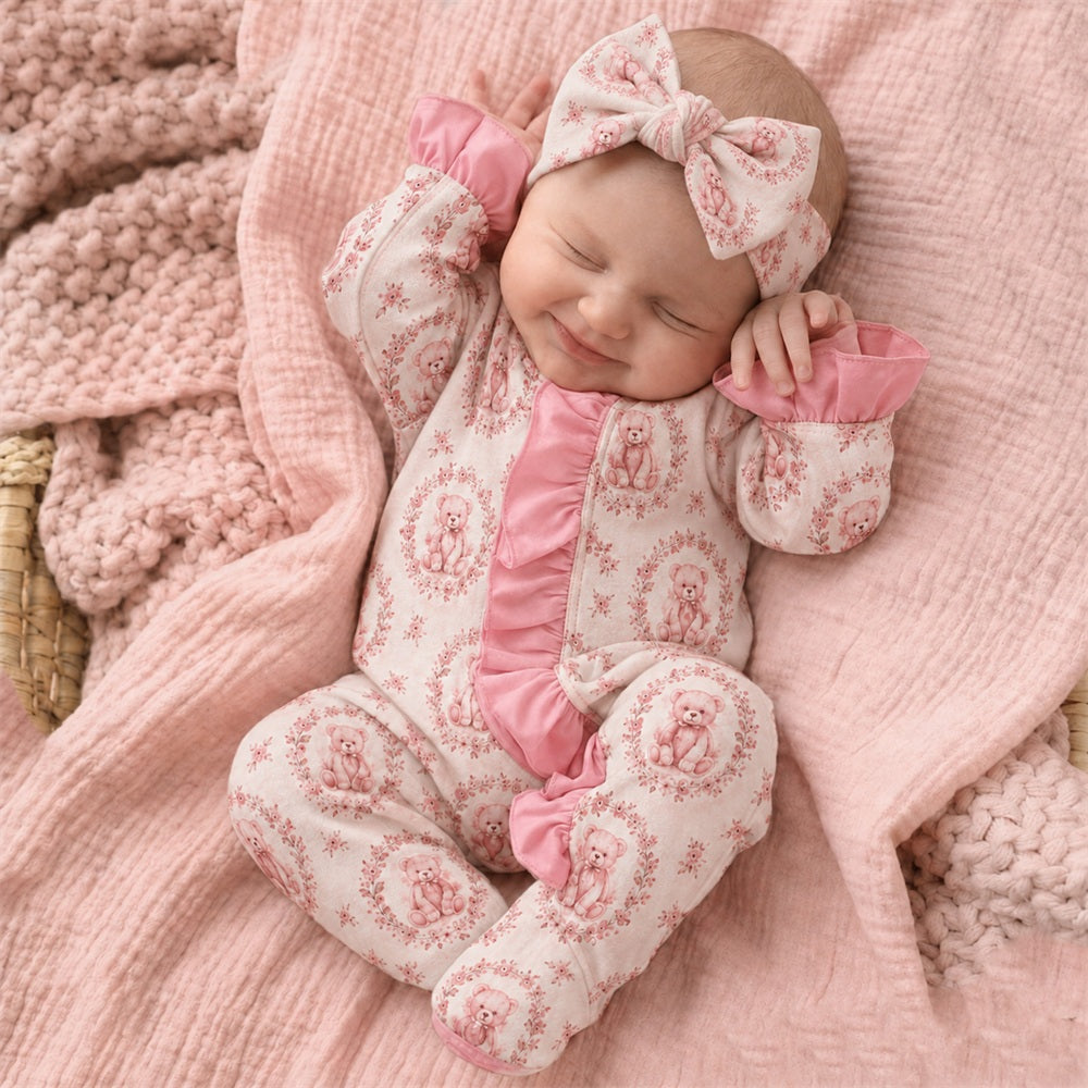 2PCS Lovely Bear Floral Print Ruffle Zipper Baby Jumpsuit Imagem principal do produto