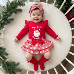 4 PCS Pretty My First Christmas Letter Santa Plaid Print Baby Set
