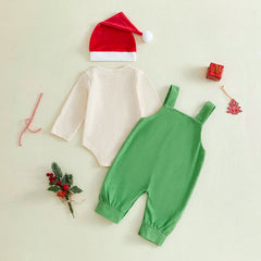 3PCS Cute Letter Santa Hat Applique Overalls Baby Christmas Set