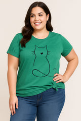 Line Cat Print Crew Neck Short Sleeve Plus Size T-Shirt