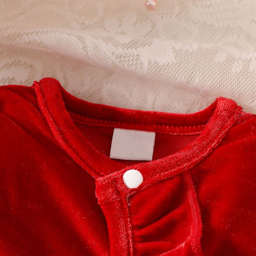 2PCS Classic Solid Color Ruffle Baby Girl Velvet Jumpsuit