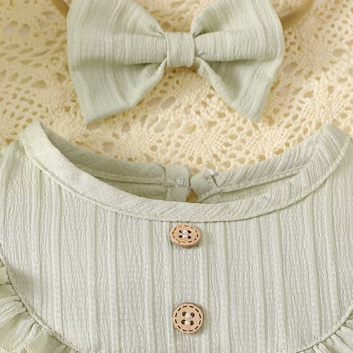 2PCS Fresh Solid Color Ruffle Long Sleeve Baby Girl Jumpsuit