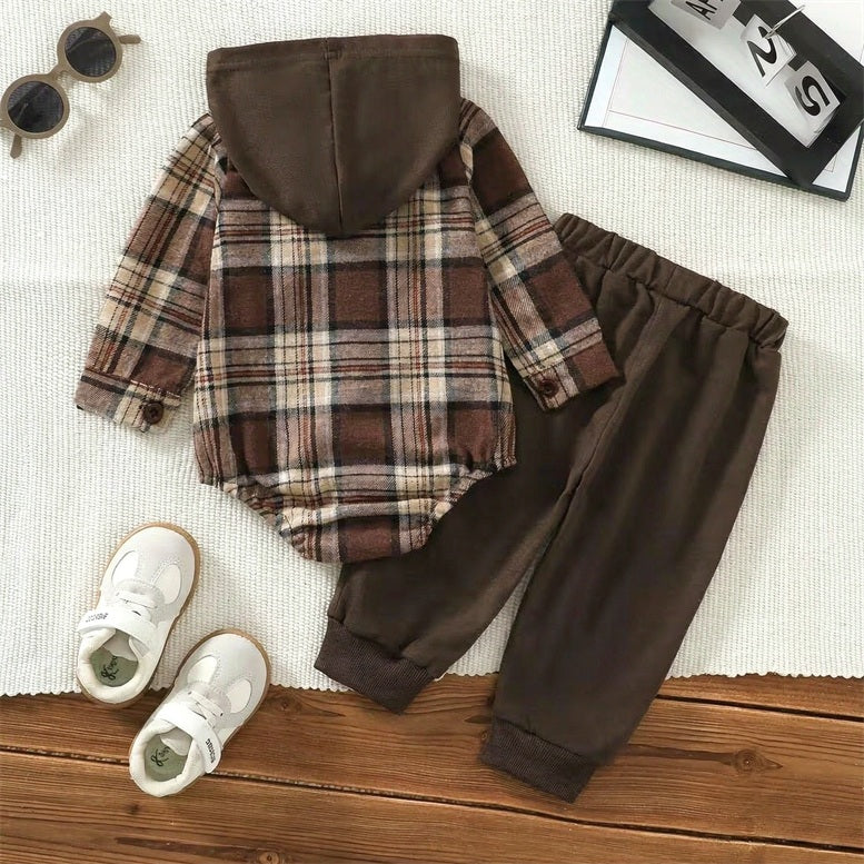 2PCS Mama's Boy Letter Plaid Print Long Sleeve Hoodie Baby Set