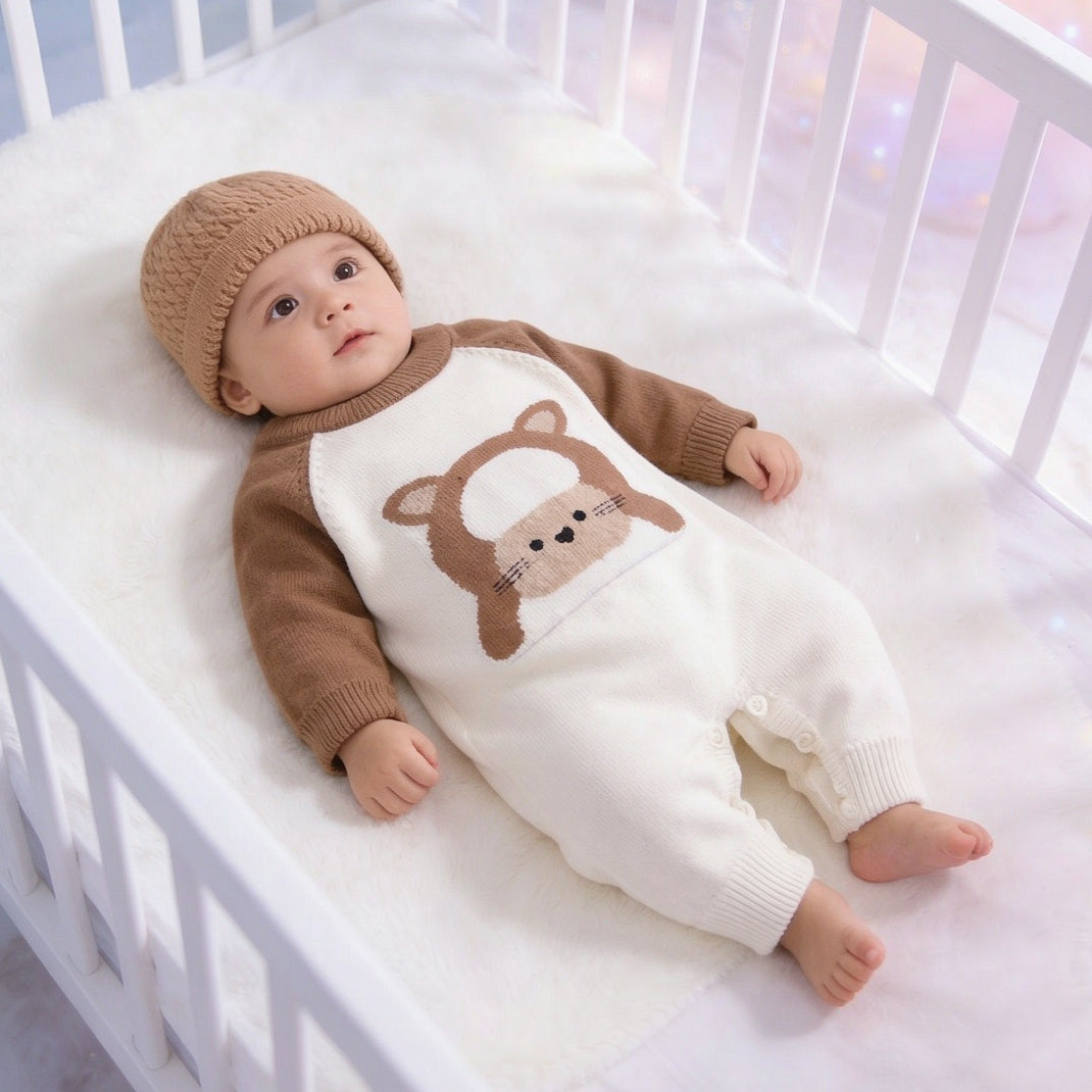 2PCS Cartoon Lamb Print Knit Long Sleeve Baby Jumpsuit Secondary image