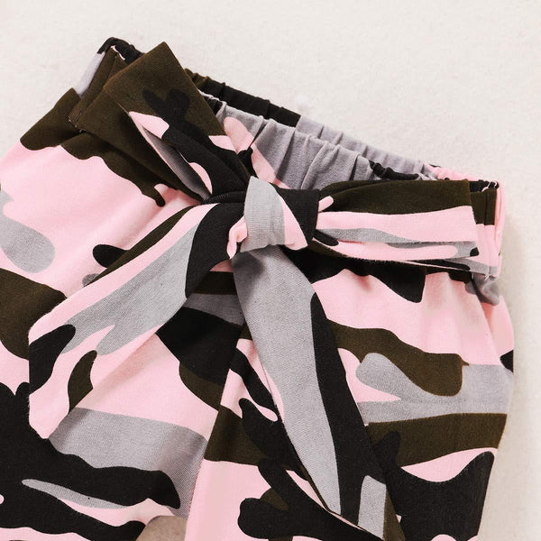 3PCS Daddy's Little Girl Letter Printed Rufffled Romper With Camouflage Printed Bowknot Pants Baby Girl Set