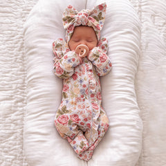 2PCS Romantic Baby Girl Floral Print Long Sleeve Zipper Jumpsuit