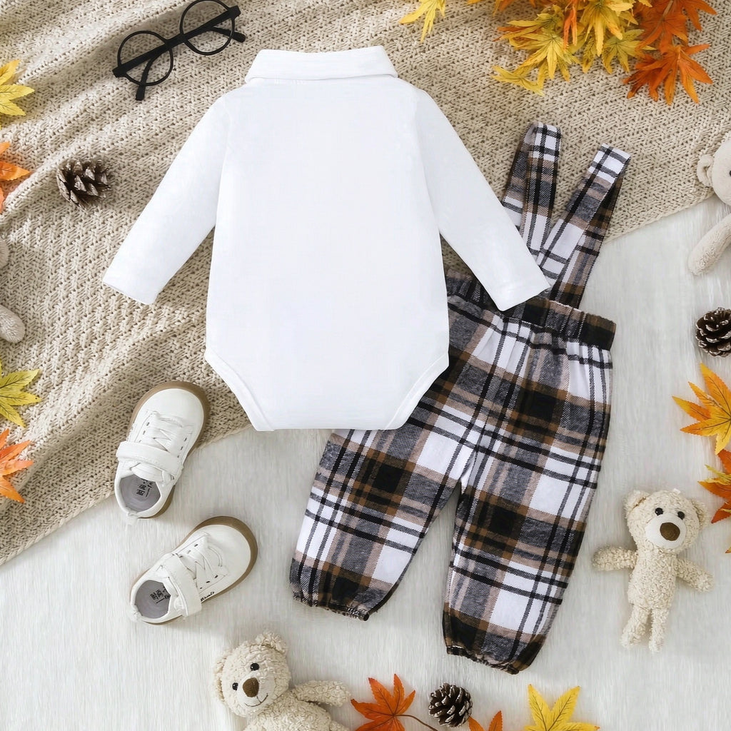 2PCS Stylish Bear Plaid Print Long Sleeve Baby Overalls Set