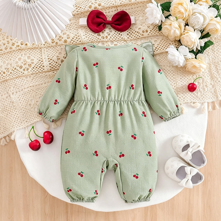 2PCS Allover Cherry Printed Ruffle Long Sleeve Baby Girl Jumpsuit