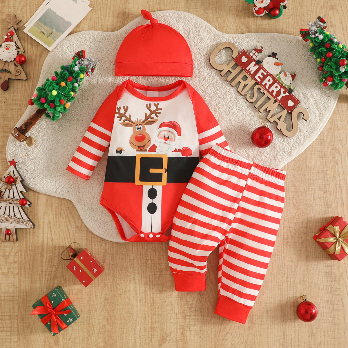 3PCS Christmas Santa and Reindeer Printed Striped Long Sleeve Baby Set Main image