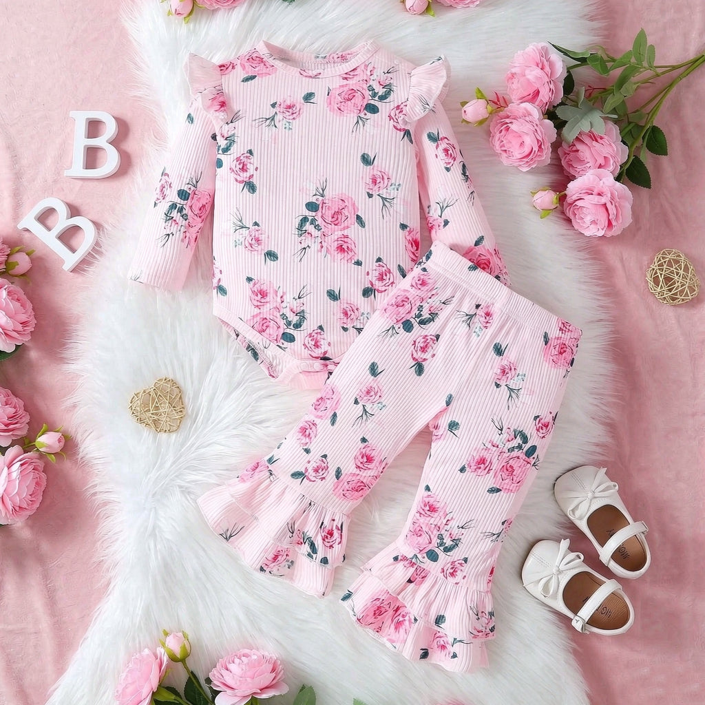 2PCS Delightful Floral Print Long Sleeve Baby Girl Set