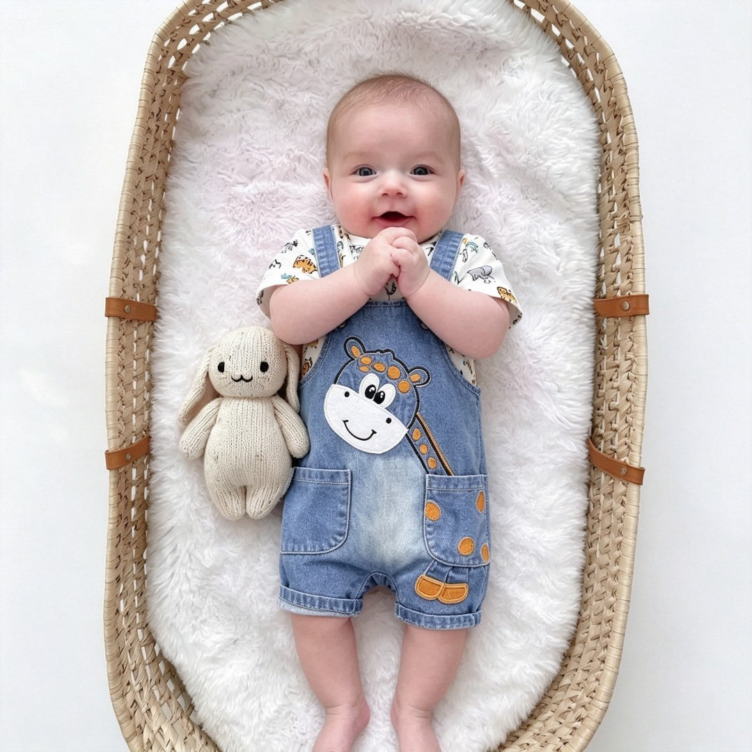 2PCS Cute Animal Printed Top And Embroidered Denim Overalls Baby Set Secondary image