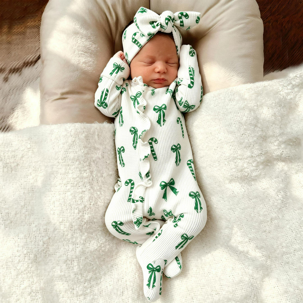 2PCS Cute Candy Cane Bow Print Ruffle Zipper Long Sleeve Baby Jumpsuit