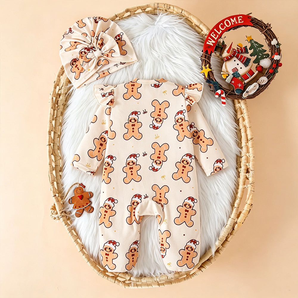 2PCS Lovely Gingerbread Man Bow Printed Long Sleeve Zipper Baby Jumpsuit