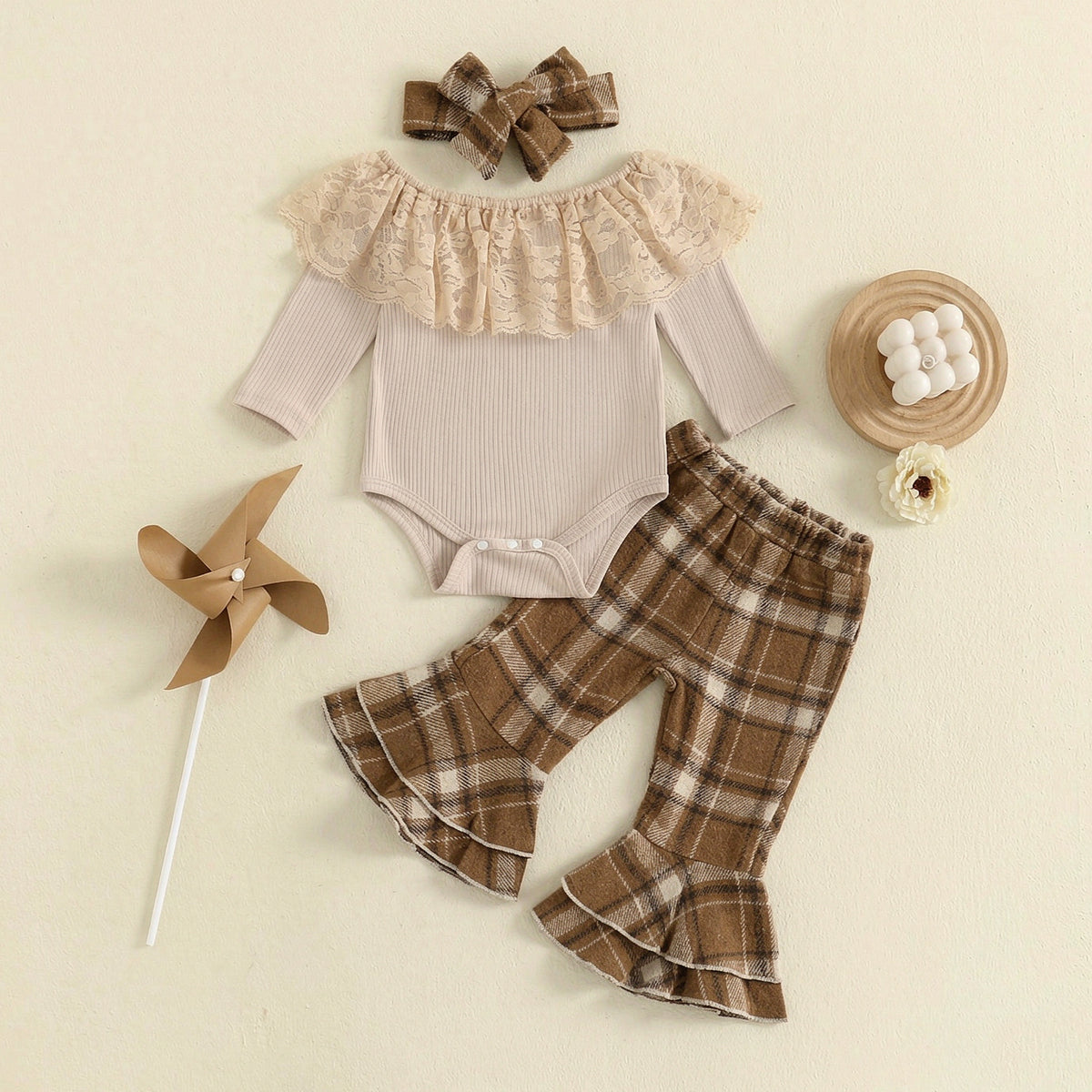 3PCS Pretty Plaid Print Lace Trim Long Sleeve Baby Girl Set Image principale du produit