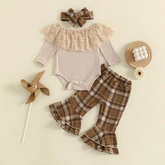 3PCS Pretty Plaid Print Lace Trim Long Sleeve Baby Girl Set