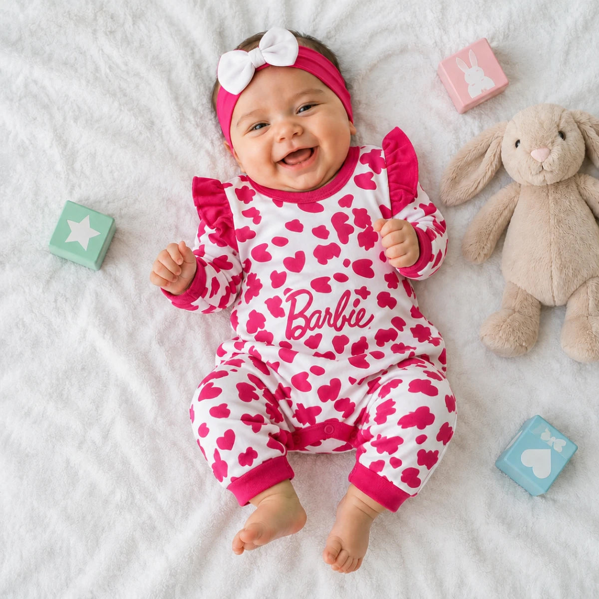 2PCS Barbie Letter Heart Printed Long Sleeve Baby Jumpsuit