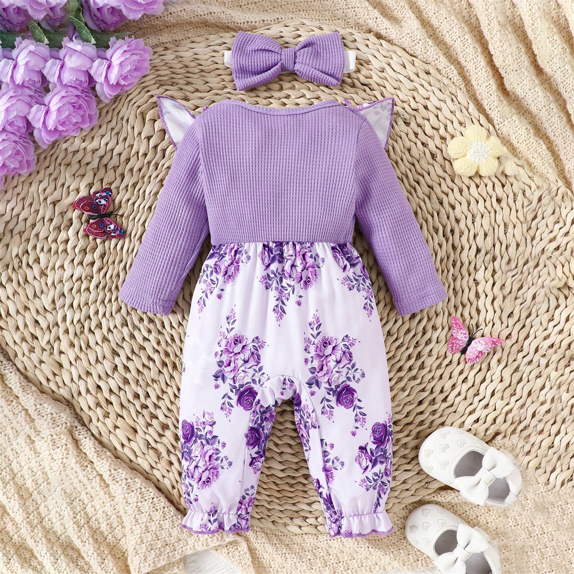 2PCS Elegant Floral Printed Bow Long Sleeve Baby Girl Jumpsuit Secondary image