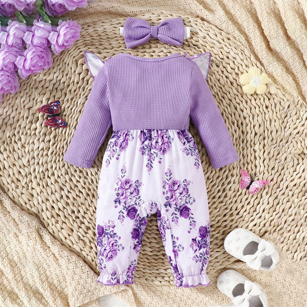 2PCS Elegant Floral Printed Bow Long Sleeve Baby Girl Jumpsuit