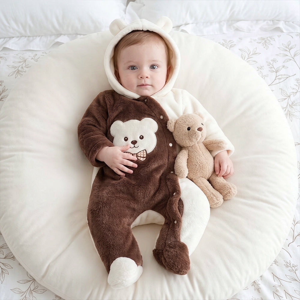 Lovely Bear Bow Applique Long Sleeve Baby Plush Hoodie Jumpsuit