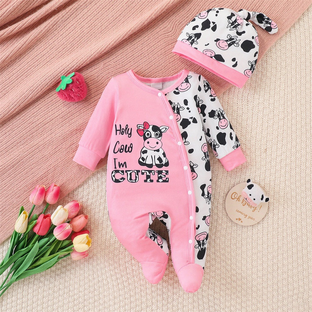 2PCS Holy Cow I'm Cute Letter Print Long Sleeve Baby Girl Jumpsuit Image principale du produit