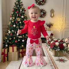 3PCS My First Christmas Letter Holiday Lights Print Long Sleeve Baby Set