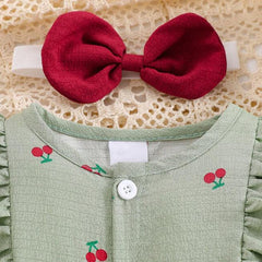2PCS Allover Cherry Printed Ruffle Long Sleeve Baby Girl Jumpsuit