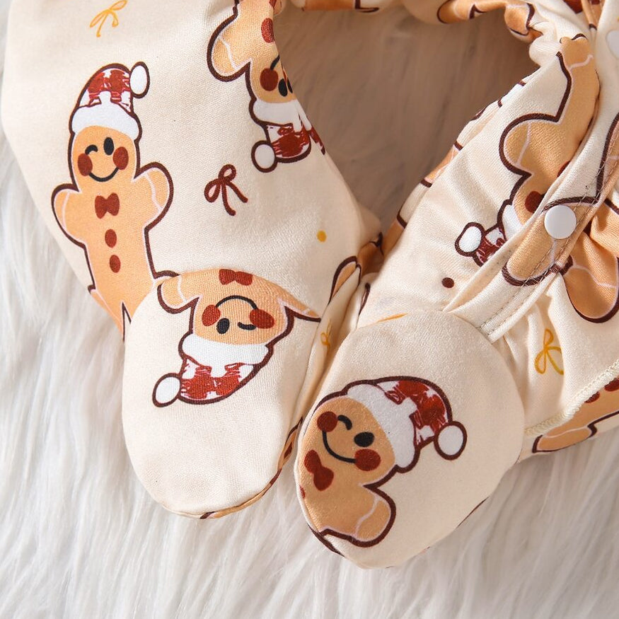 2PCS Lovely Gingerbread Man Bow Printed Long Sleeve Zipper Baby Jumpsuit