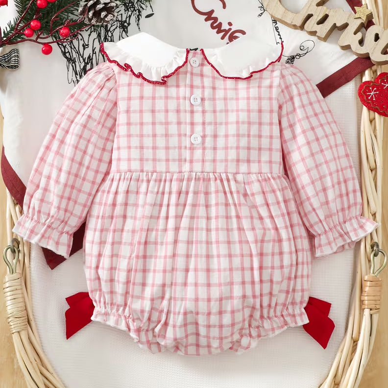 Merry Letter Santa Claus Applique Plaid Print Baby Girl Romper