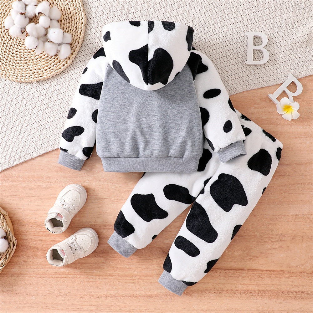 2PCS Cute Cow Print Fuzzy Long Sleeve Hoodie Baby Set Secondary image