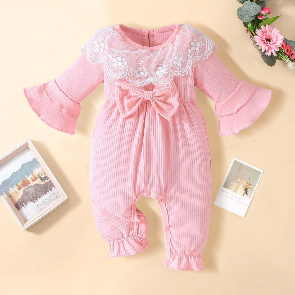 Sweet Solid Color Lace Paneled Bow Puff Sleeve Baby Jumpsuit