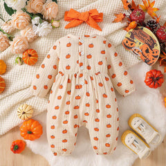 2PCS Sweet All-Over Pumpkin Print Long Sleeve Baby Jumpsuit