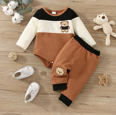2PCS Stripe Print Bear Applique Long Sleeve Baby Set