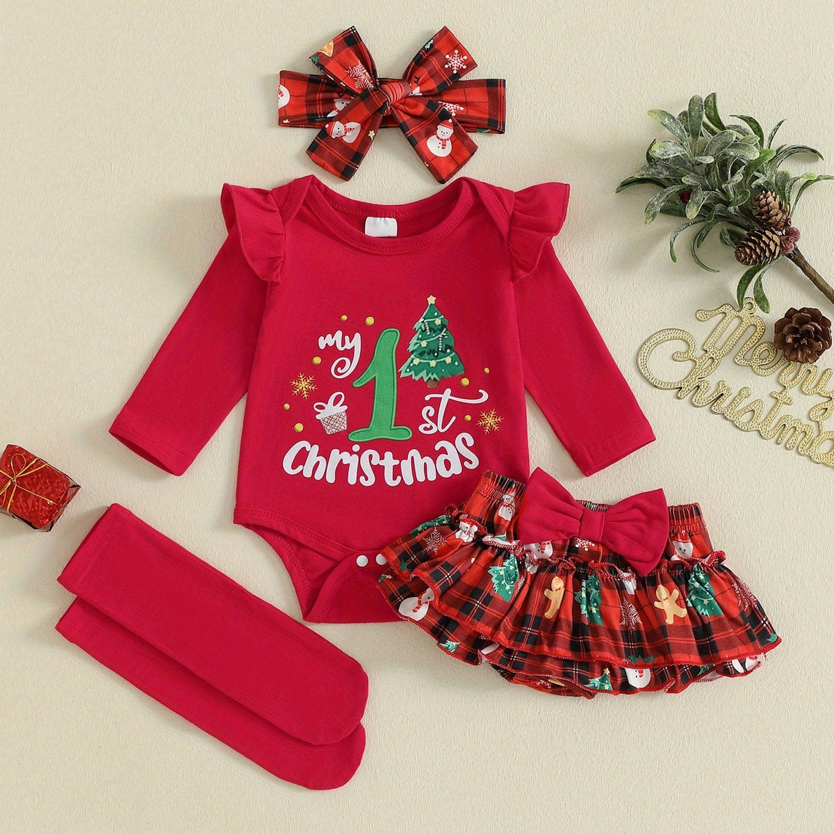 4PCS My 1st Christmas Letter Plaid Printed Long Sleeve Baby Set Main image