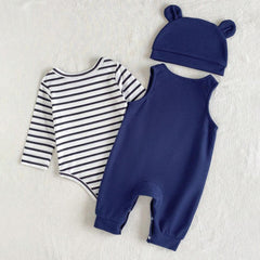 3PCS Cute Bear Embroidery Stripe Print Long Sleeve Overalls Baby Set