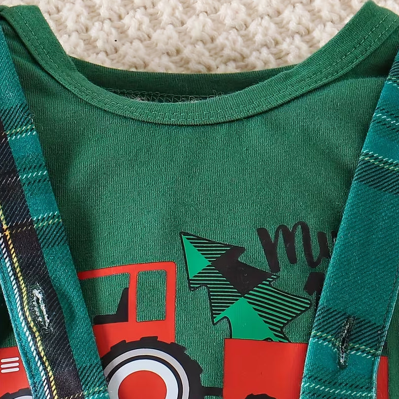 3PCS Cute My 1st Christmas Letter Tractor Plaid Print Baby Overalls Set