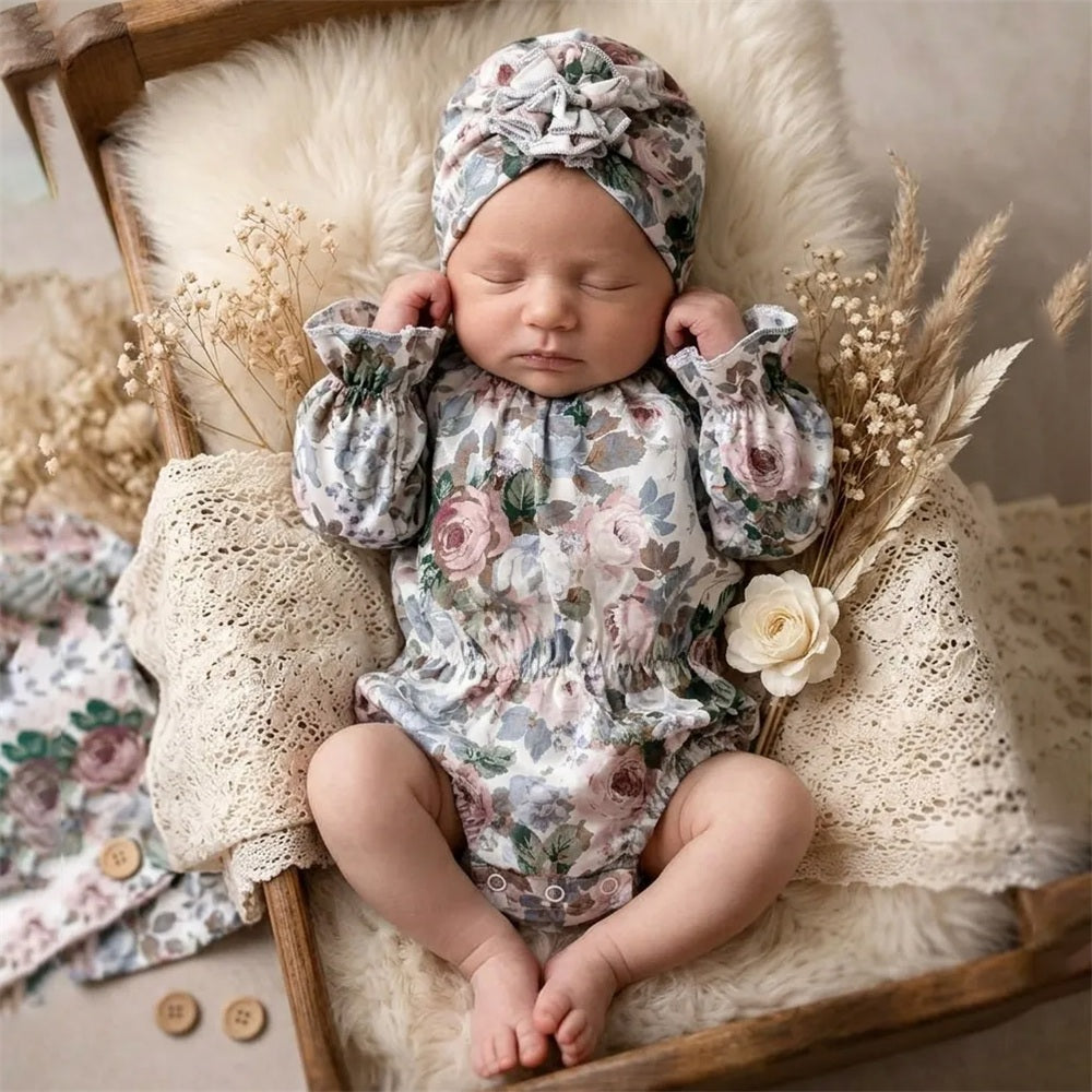 2PCS Winsome Floral Printed Long Sleeve Baby Girl Romper