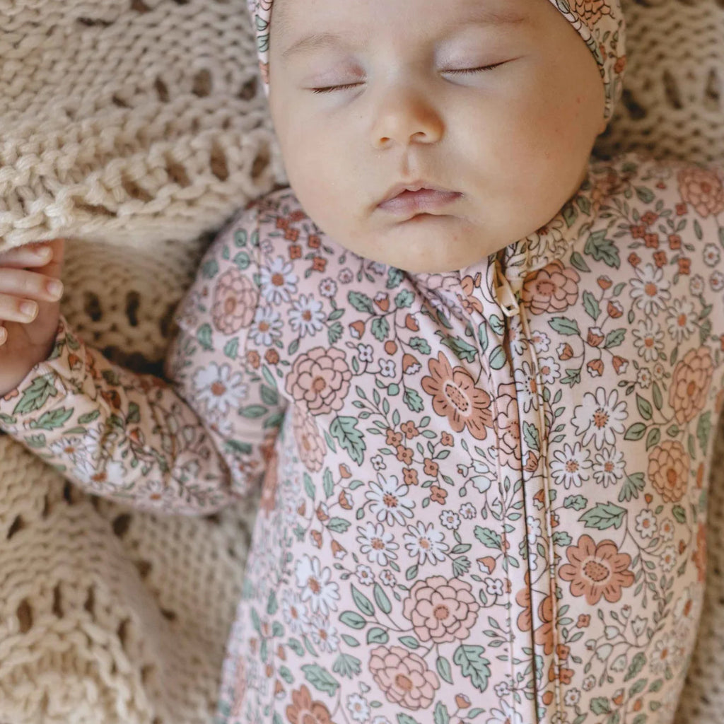 2PCS Vintage Bloom Print Long Sleeve Baby Girl Zipper Jumpsuit