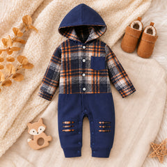Casual Plaid Printed Long Sleeve Hoodie Baby Boy Jumpsuit