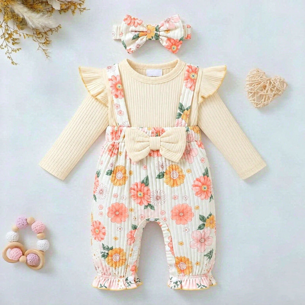 2PCS Pretty Floral Printed Faux Two Piece Long Sleeve Baby Jumpsuit