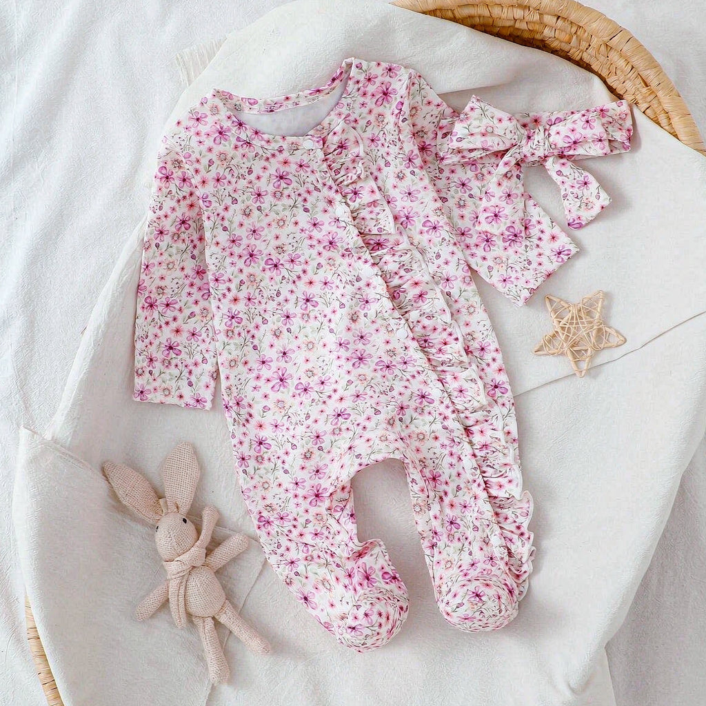 2PCS Romantic Floral Print Ruffle Long Sleeve Baby Zipper Jumpsuit