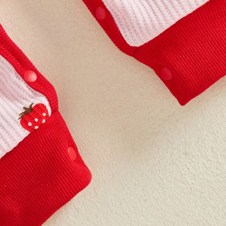 Lovely Strawberry Print Waffle Long Sleeve Baby Girl Jumpsuit