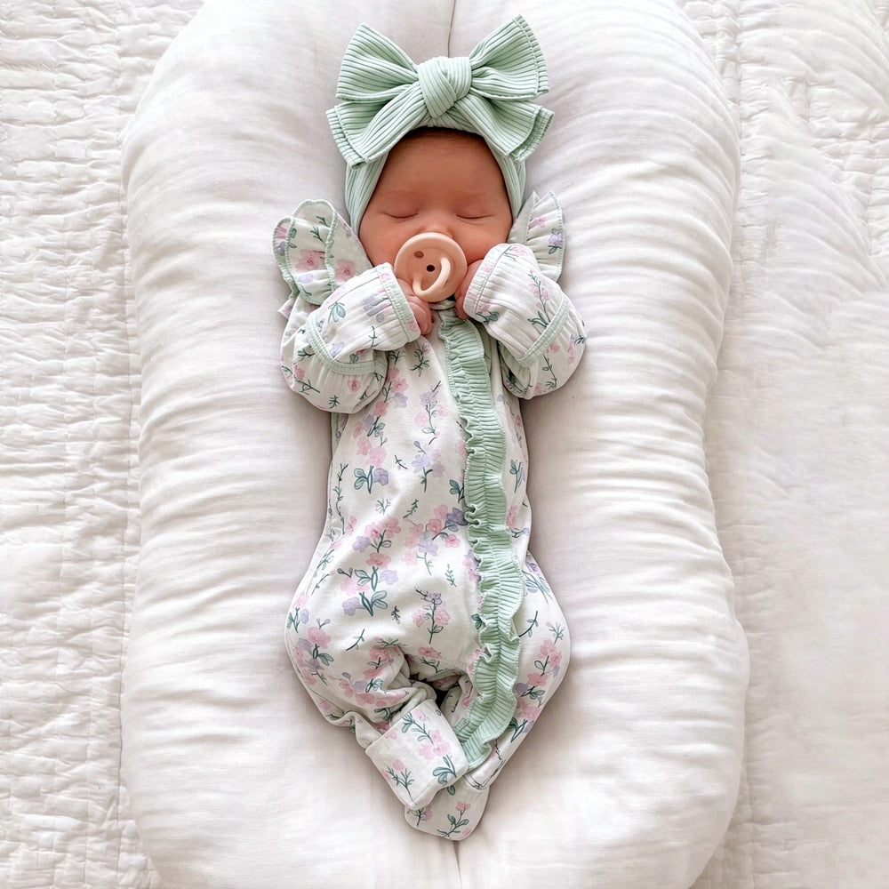 2PCS Dainty Baby Girl Floral Print Ruffle Long Sleeve Zipper Jumpsuit