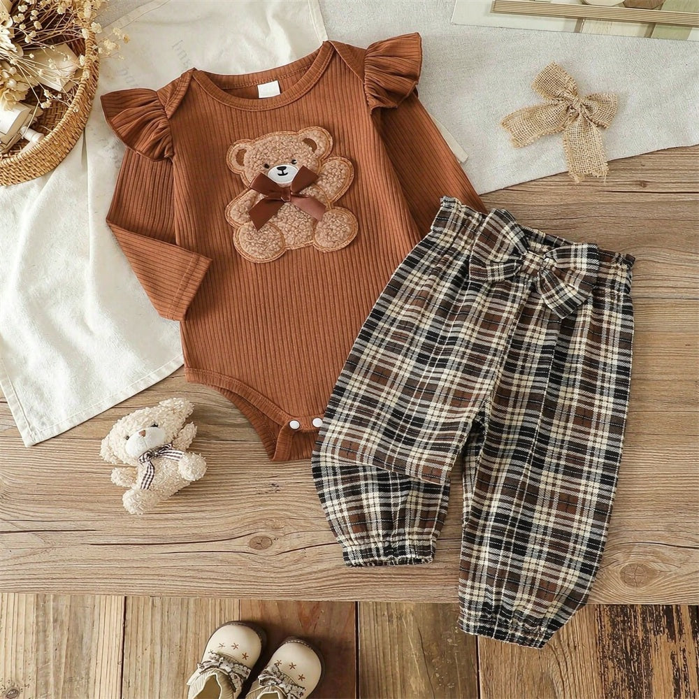 2PCS Bear Applique Plaid Printed Long Sleeve Baby Set